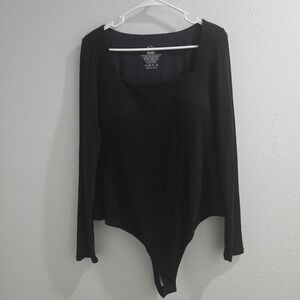 Klassy Network Bodysuit Women 3XL square-Neck Shelf Bra Black Long Sleeve Ribbed